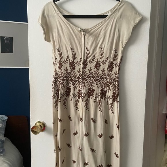 Vintage 50s Dress - Beige Cotton Linen Brown Floral embroidery - Picture 7 of 7